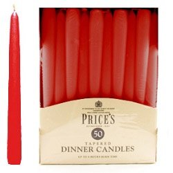 Price's Candles Red Tapered Dinner Candle Unwrapped 50 Pack