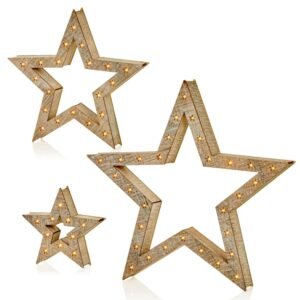 Premier Warm White LEDS Set Of 3 Lit White Wood Star